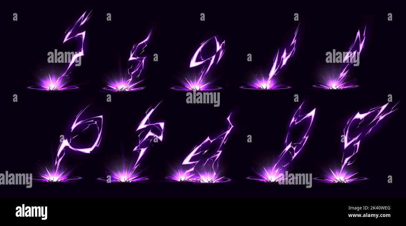 Lightnings, purple thunderbolts hit ground isolated on black background