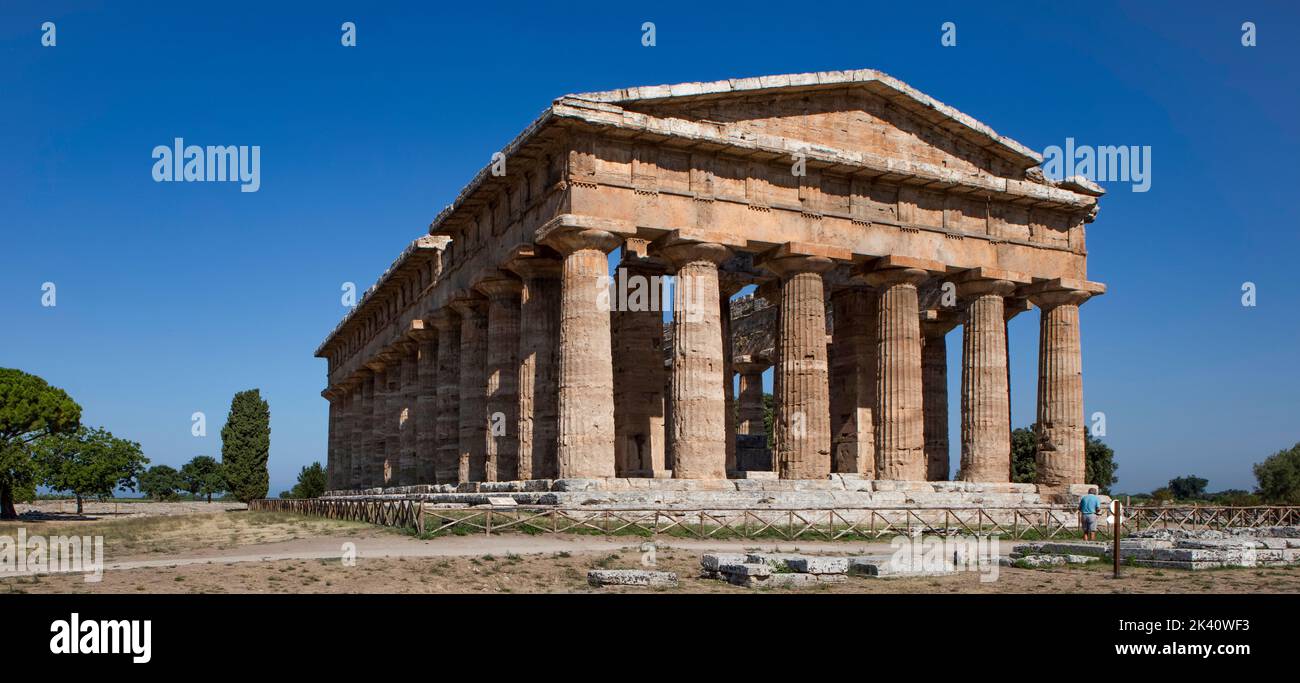 The Temple of Hera II (also known as the Temple of Neptune) in Paestum in Campania is an Ancient Greek Doric temple built around 460 - 450 BCE. Stock Photo