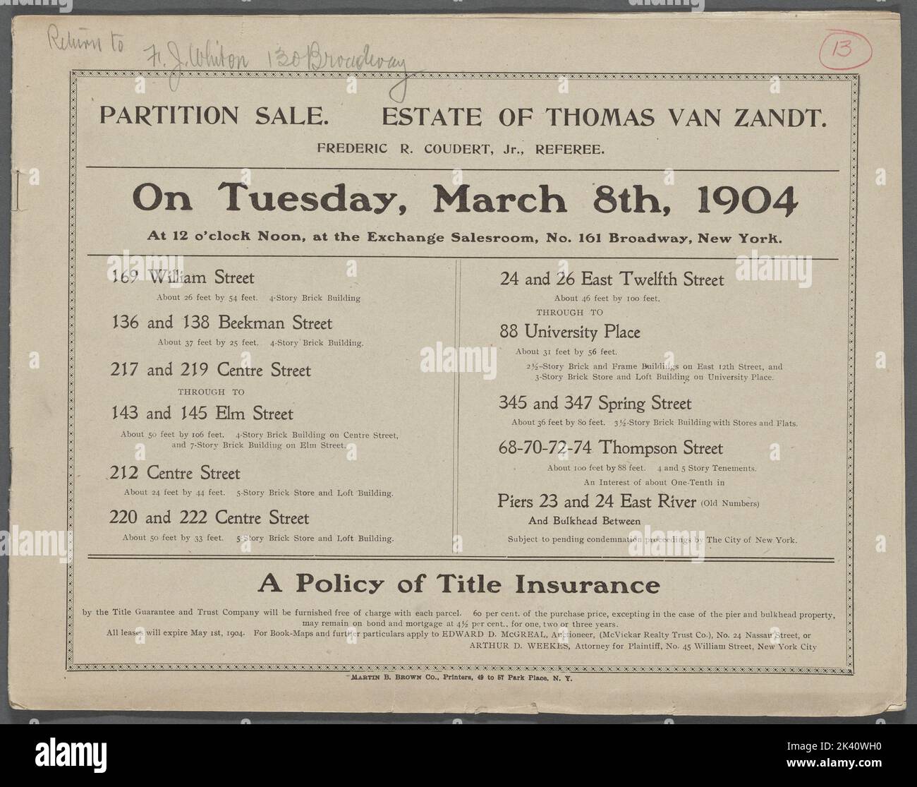 Partition Sale Estate of Thomas Van Zandt, Frederic R. Coudert, Jr