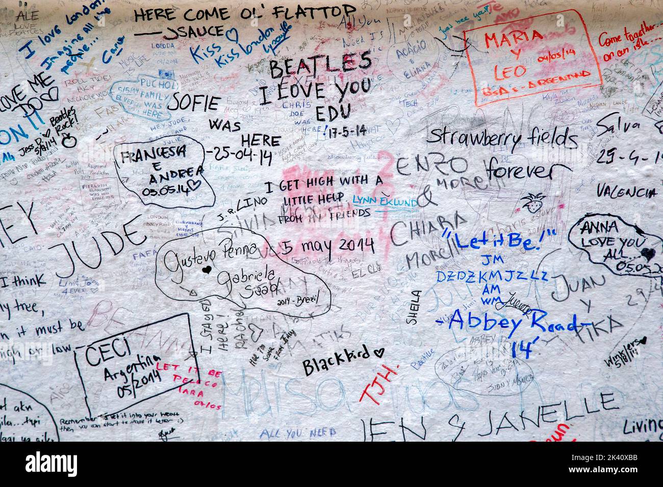 LONDON, GREAT BRITAIN - MAY 17, 2014:  This is part of the fence of Abby Road Studios with a graffiti of love to the Beatles. Stock Photo