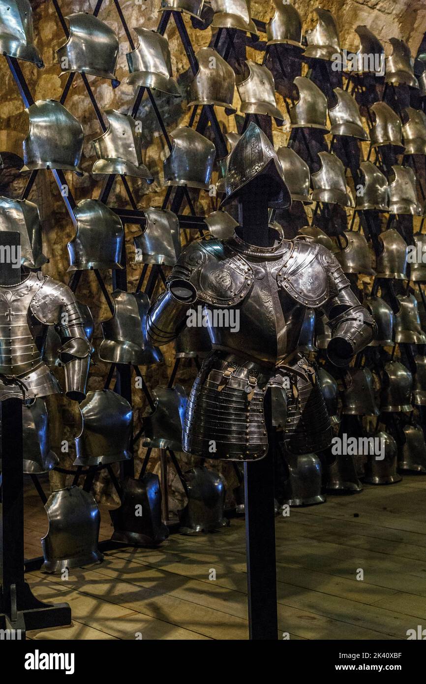 LONDON, GREAT BRITAIN - MAY 16, 2014: This is a royal knight's armor in the Armory Chamber of Henry VIII in the Tower of London. Stock Photo