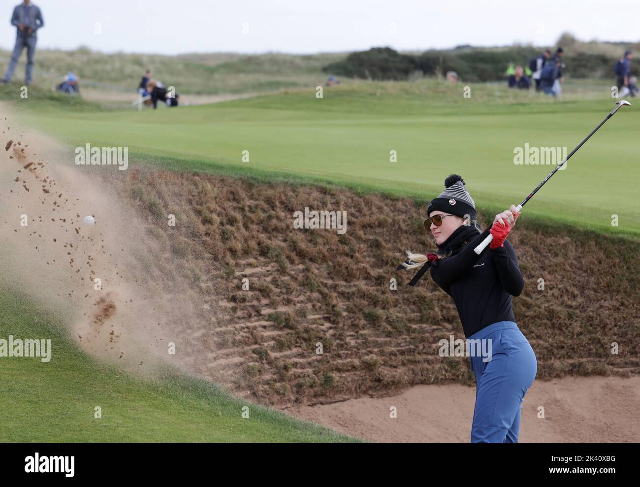 Kathryn Newton chips from a bunker on the 3rd on day one of the Alfred Dunhill Links Championship 2022 at Carnoustie. Picture date: Thursday September 29, 2022. Stock Photo