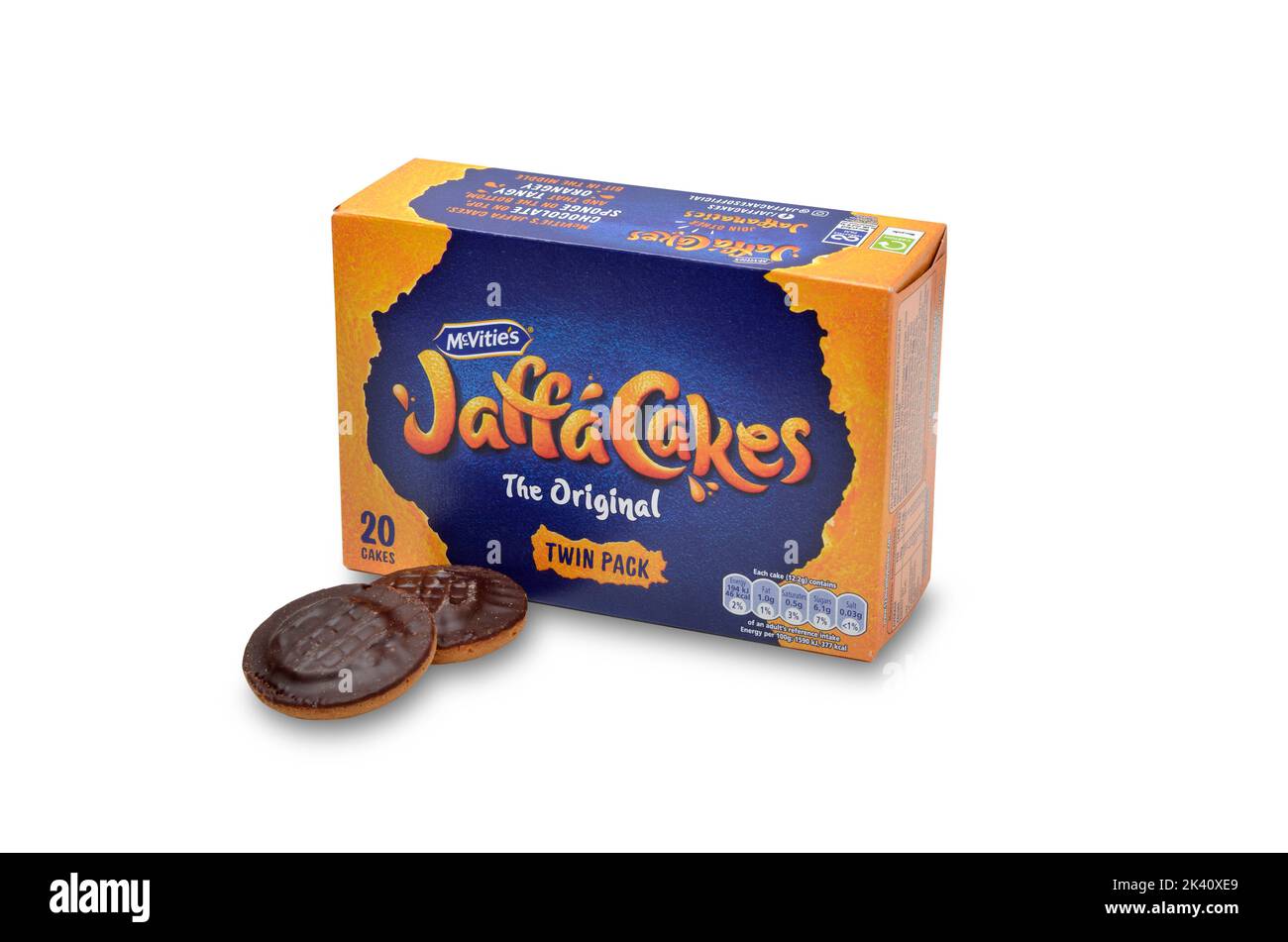 McVities Jaffa Cakes Box packaging with two cakes in front of the box