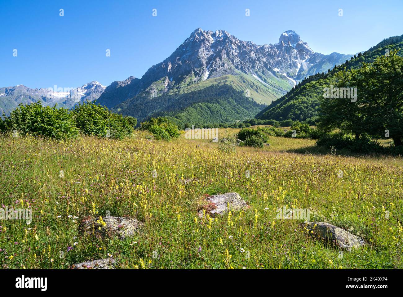 Ushba mountain (4710m high) in Upper Svaneti, Georgia Stock Photo