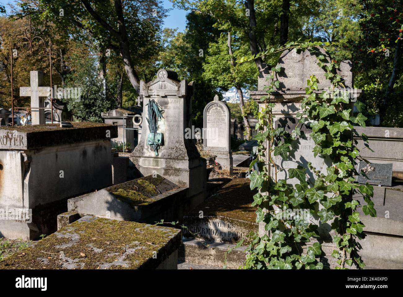 Paris, France - 31 August 2022: Tombstones at Pere-Lachaise cemetery Stock Photo