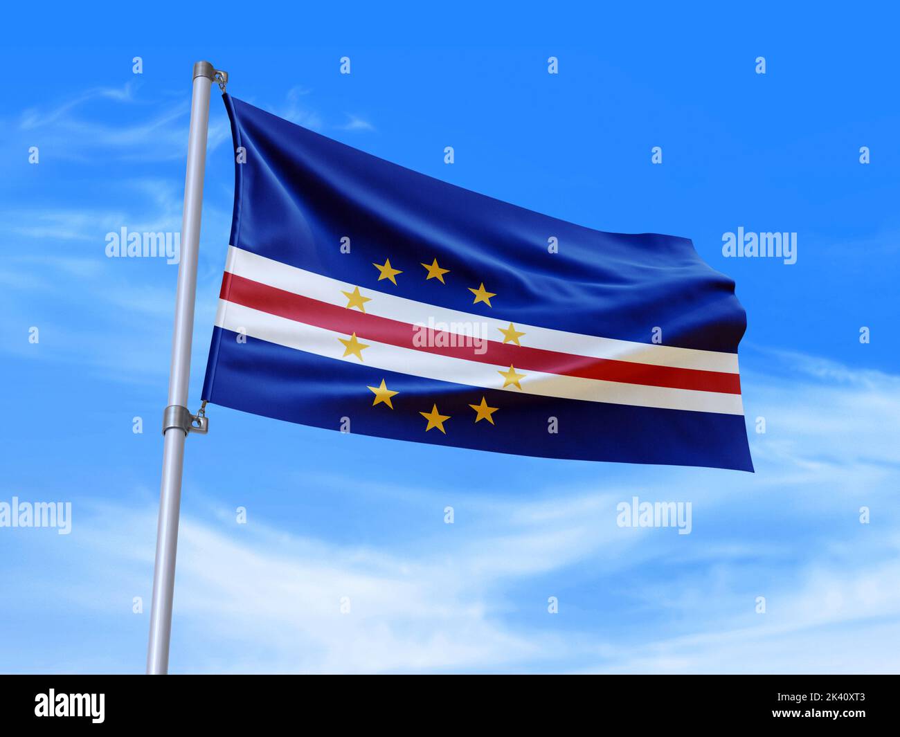 Beautiful Cape Verde flag waving in the wind with sky background - 3D illustration - 3D render Stock Photo