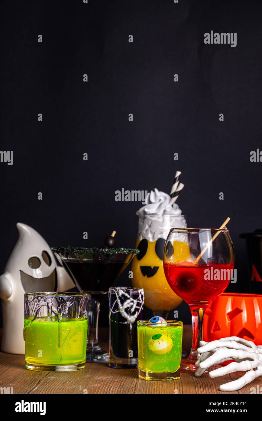 Halloween party bar festive drink, set various colorful alcohol, non