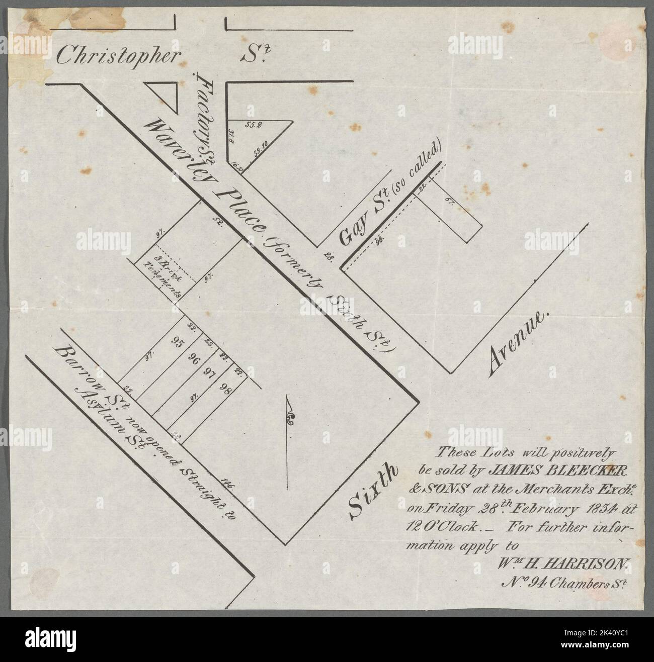 These lots will positively be sold by James Bleecker & Sons at the Merchants Exche., on Friday, 28th February, 1834, at 12 o'clock Cartographic. Cadastral maps, Maps. 1834. Lionel Pincus and Princess Firyal Map Division. United States , New York (State) , New York, Landowners , New York (State) , New York, Real property , New York (State) , New York, Real propery auctions , New York (State) , New York, West Village (New York, N.Y.), Manhattan (New York, N.Y.) Stock Photo