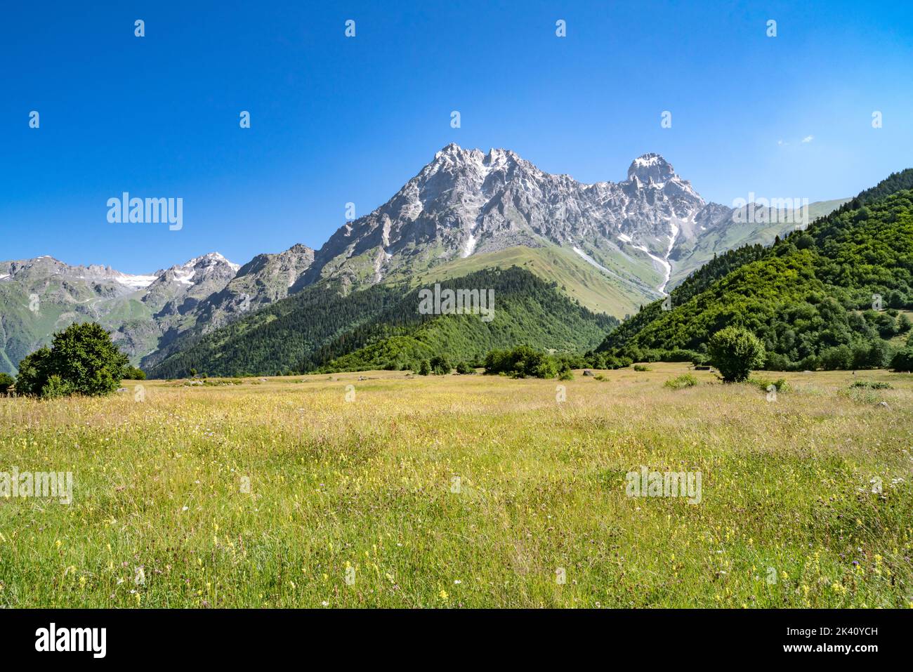 Ushba mountain (4710m high) in Upper Svaneti, Georgia Stock Photo