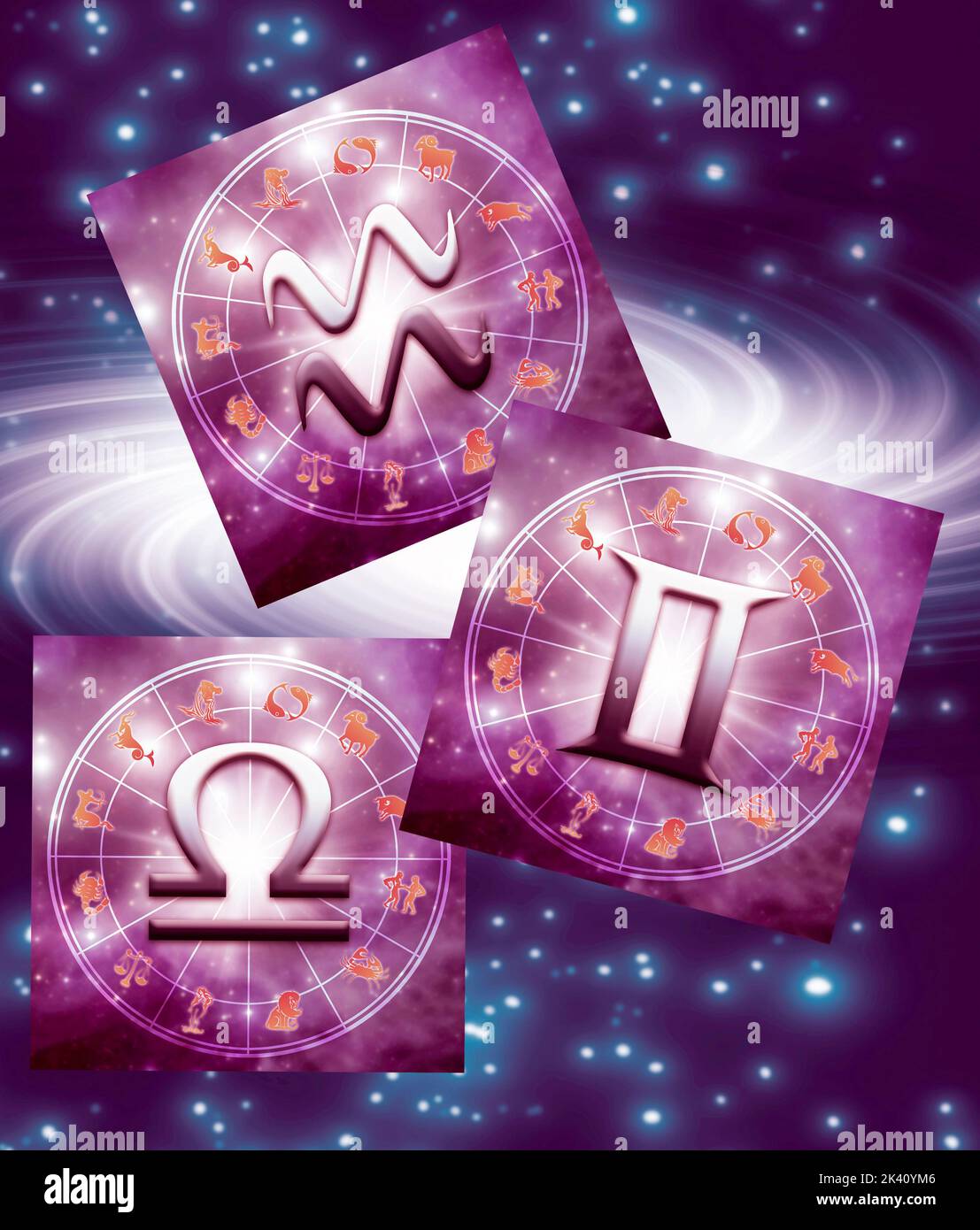 Three zodiac Air signs Aquarius, Gemini, Libra over starry astrology background Stock Photo