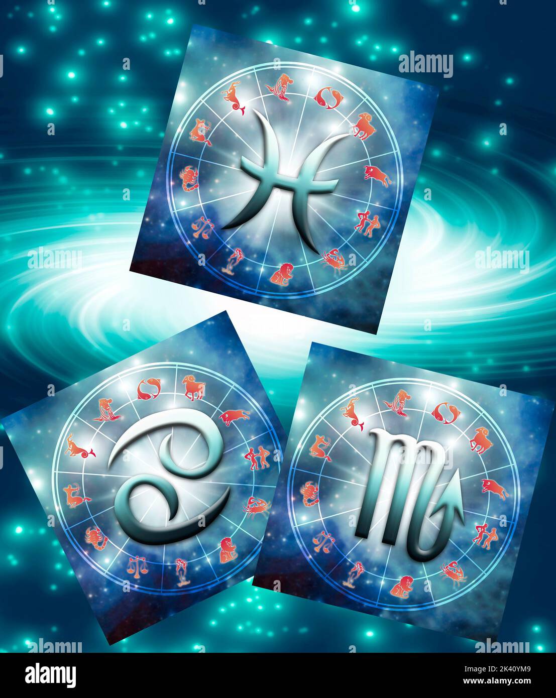 Three zodiac water signs Scorpio, Cancer, Pisces over astrology background with stars Stock Photo