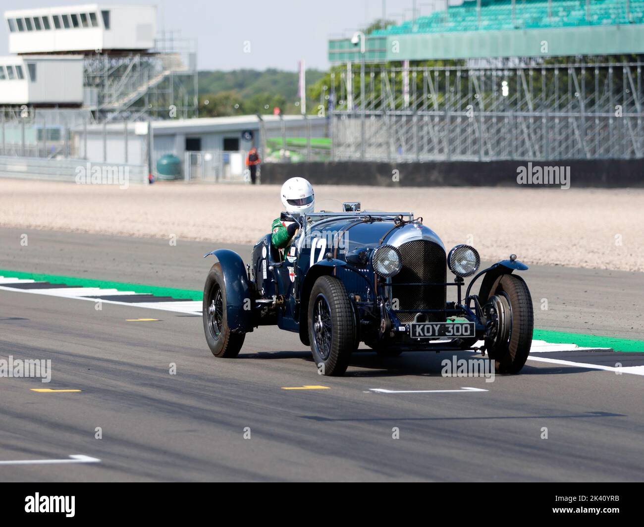 Hugh Apthorp, driving his Blue, 1927, Bentley 3/4½,  during the MRL Pre-War Sports Cars 'BRDC 500' Race at  the 2022 Silverstone Classic. Stock Photo