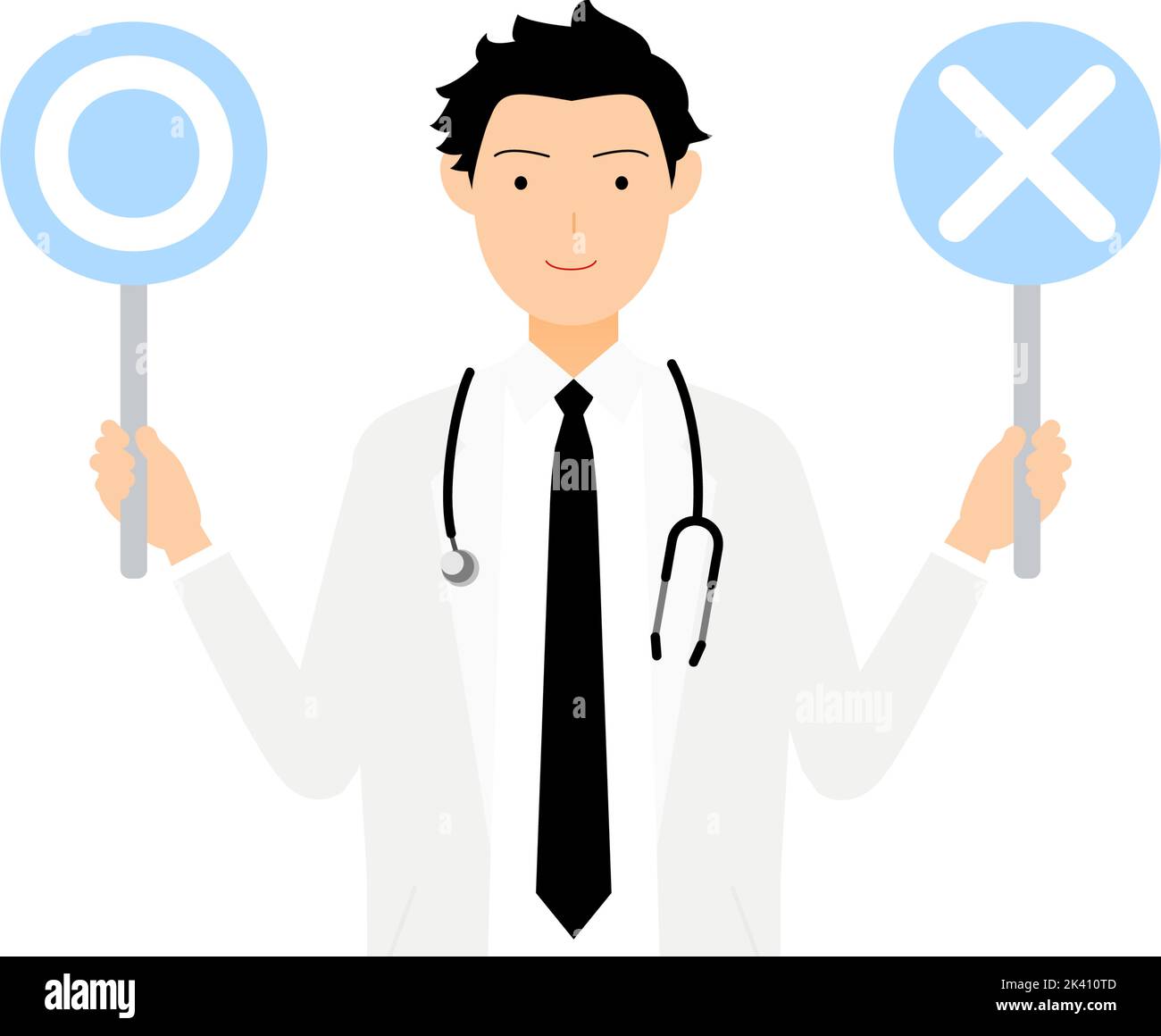 A male doctor in white coat holding a tick-tock stick in a pose of matching answers Stock Vector