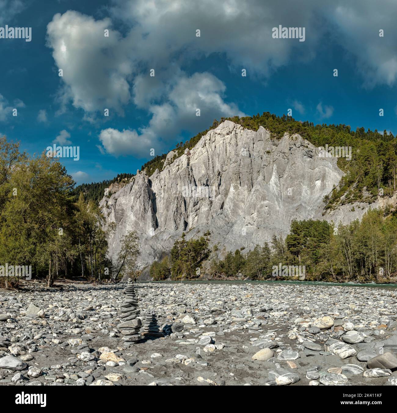 Ruinaulta at the Rhine canyon seen at river level *** Local Caption ***  Versam Safien,  Graubünden, Switzerland, landscape, water, trees, autumn, mou Stock Photo