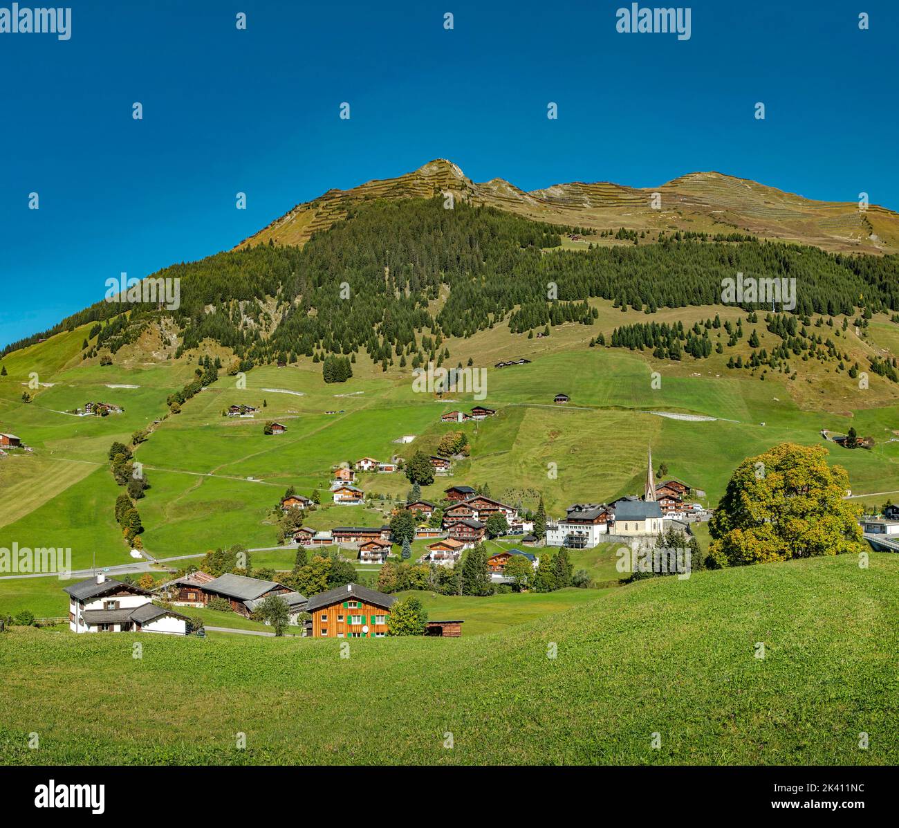 A little village in the Schanielenbach valley, Pratigau *** Local Caption ***  Sankt Antönien,  Graubünden, Switzerland, city, village, field, meadow, Stock Photo
