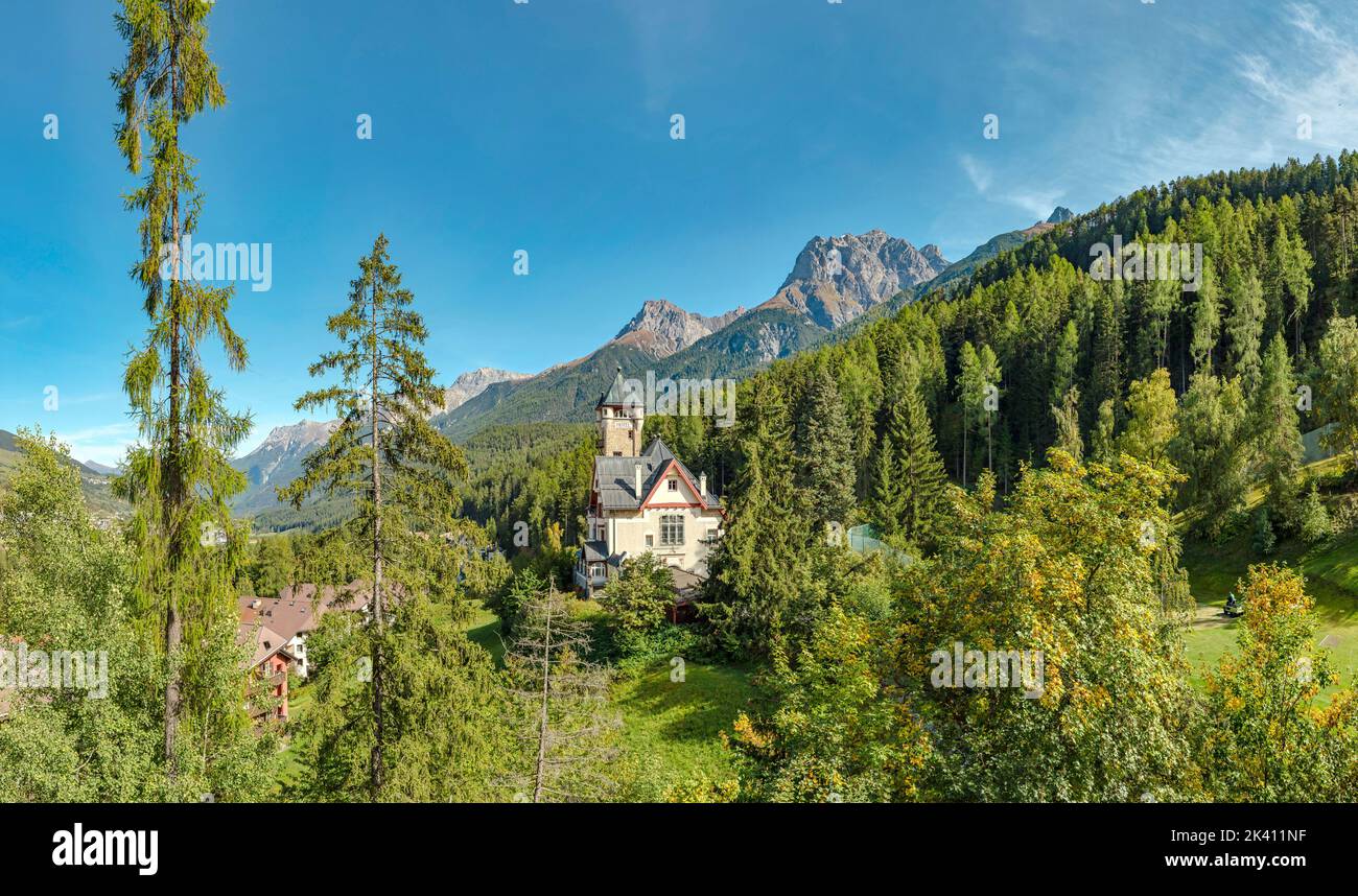 Hotel Villa Engiadina *** Local Caption ***  Vulpera Scuol,  Graubünden, Switzerland, castle, forest, wood, trees, autumn, mountains, hills, Stock Photo