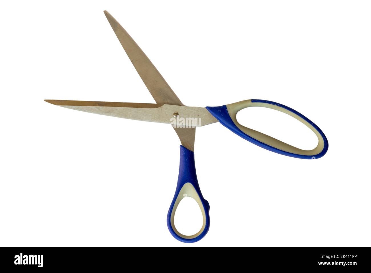 Stainless steel scissors with blue handle isolated on white background