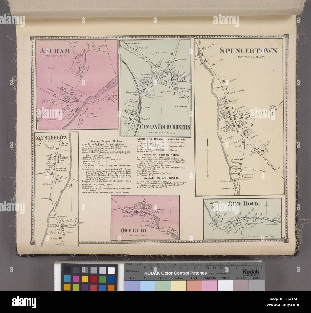 Ancram Village; Canaan Four Corners Village; Spencertown Village; Austerlitz Village; Ancram Business Notices; Cannan Four Corners Business Notices; Spencertown Village; Austerlitz Business Notices; Queechy Village; Red Rock Village Bourquin, F. (Frederick), 1808-. Cartographic. Atlases, Maps. 1873. Lionel Pincus and Princess Firyal Map Division. Columbia County (N.Y.), Real property , New York (State) , Columbia County, Business enterprises , New York (State) , Columbia County Stock Photo
