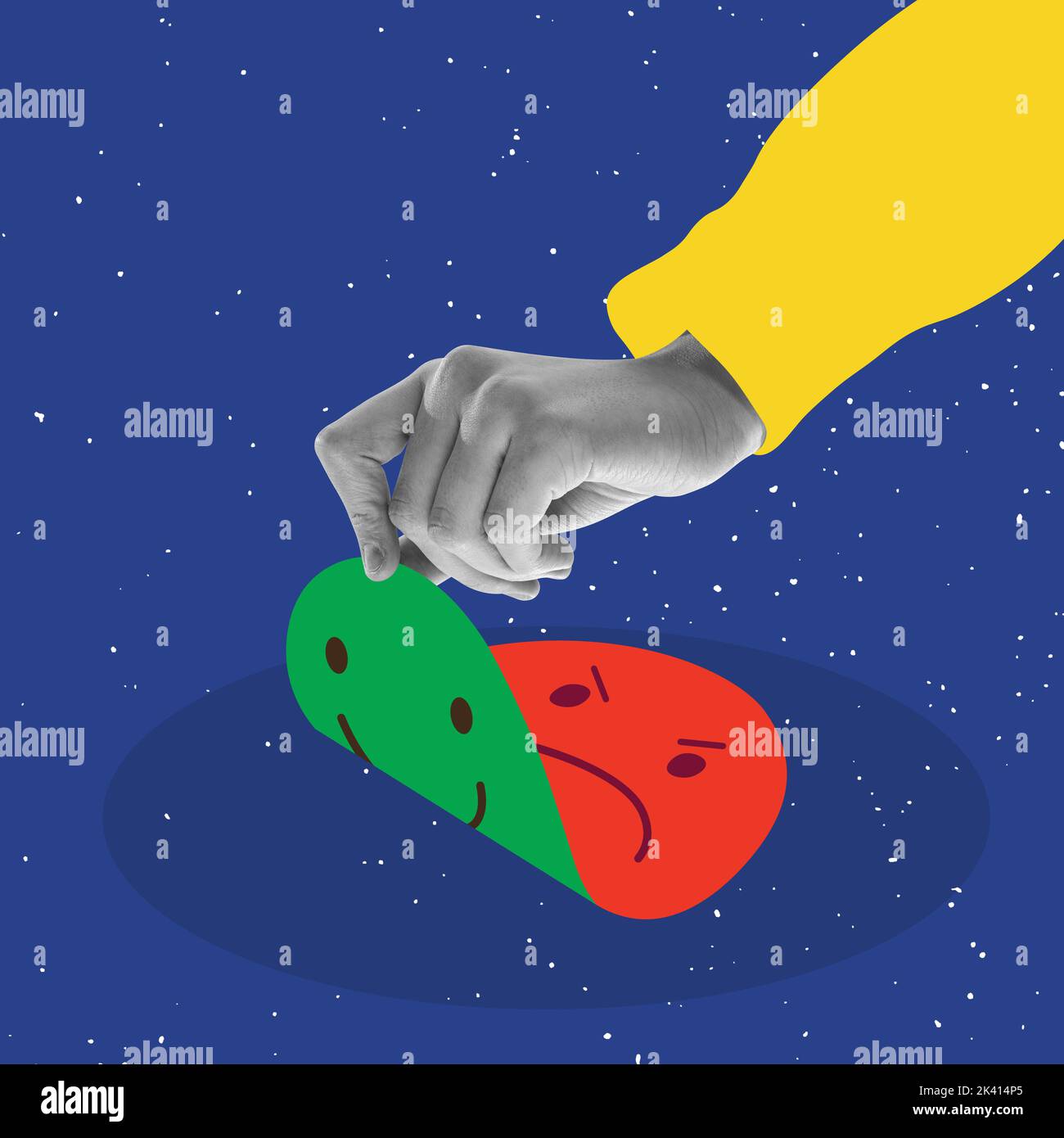 Contemporary art collage. Male hand turning off sticker from negative ...