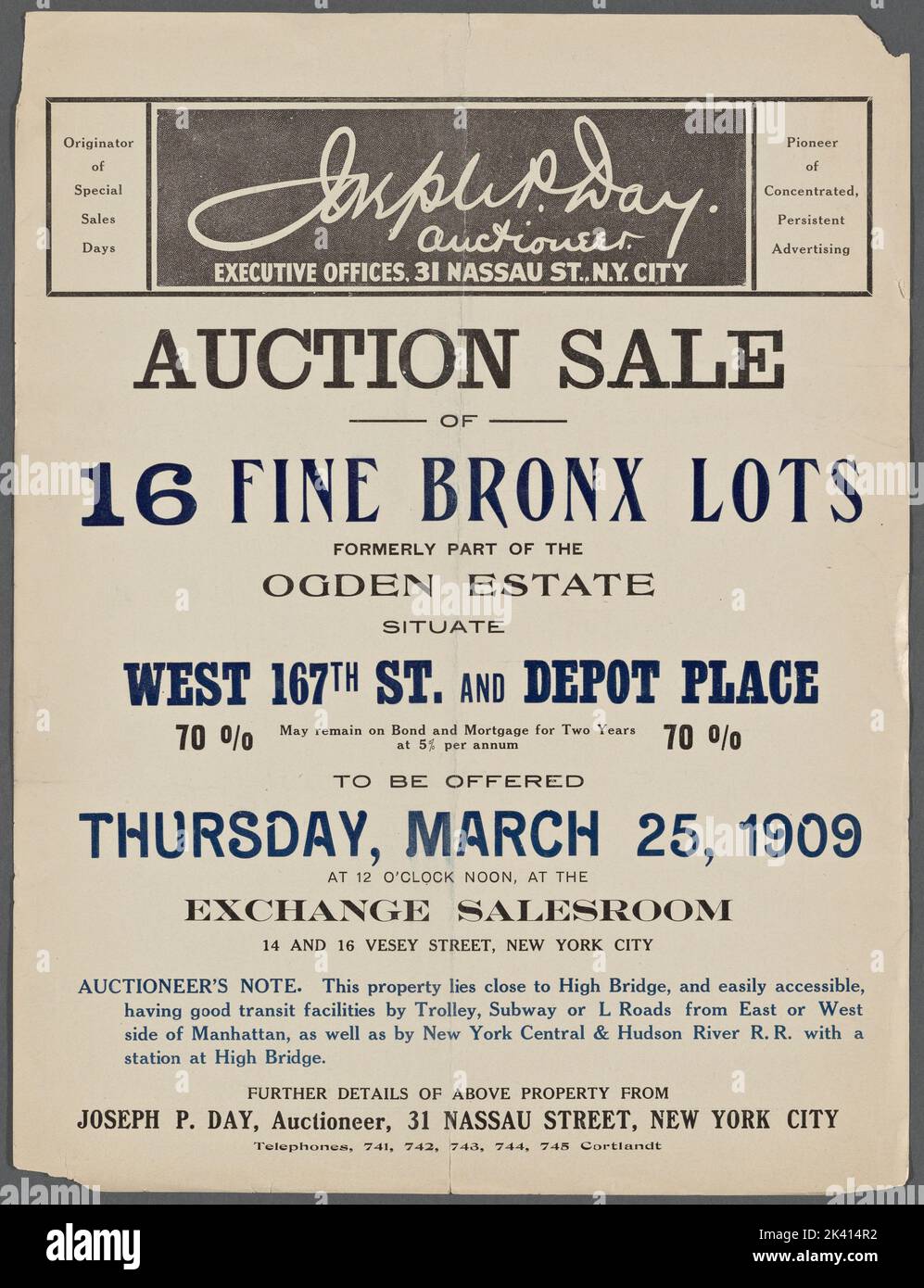 Auction Sale of 16 Fine Bronx Lots formerly part of the Ogden Estate