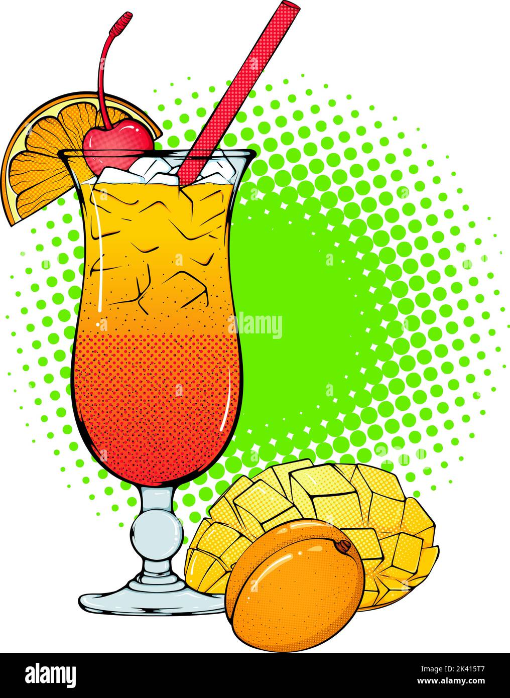 Tequila Sunrise cocktail with fruits Pop Art sticker Stock Vector