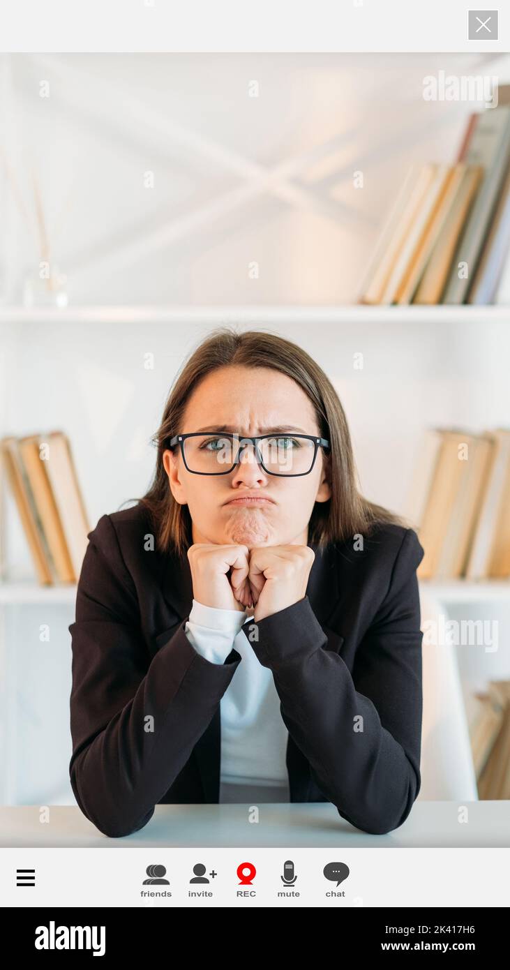 Uninterested Work Virtual chatting. Displeased woman. Screen mockup. Disappointed smart ...