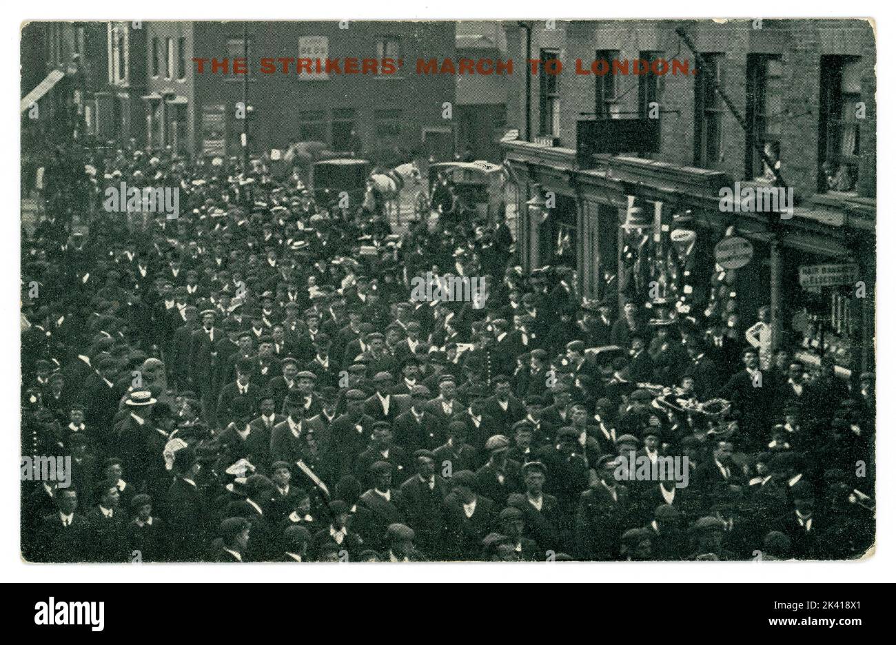 Original Edwardian era postcard of striking working class men.  Northamptonshire bootmakers marched on the war office walking from Raunds near Wellingborough to London. The  protestors were led by Joe Gribble and the march commenced on 8th May 1905. U.K. Stock Photo