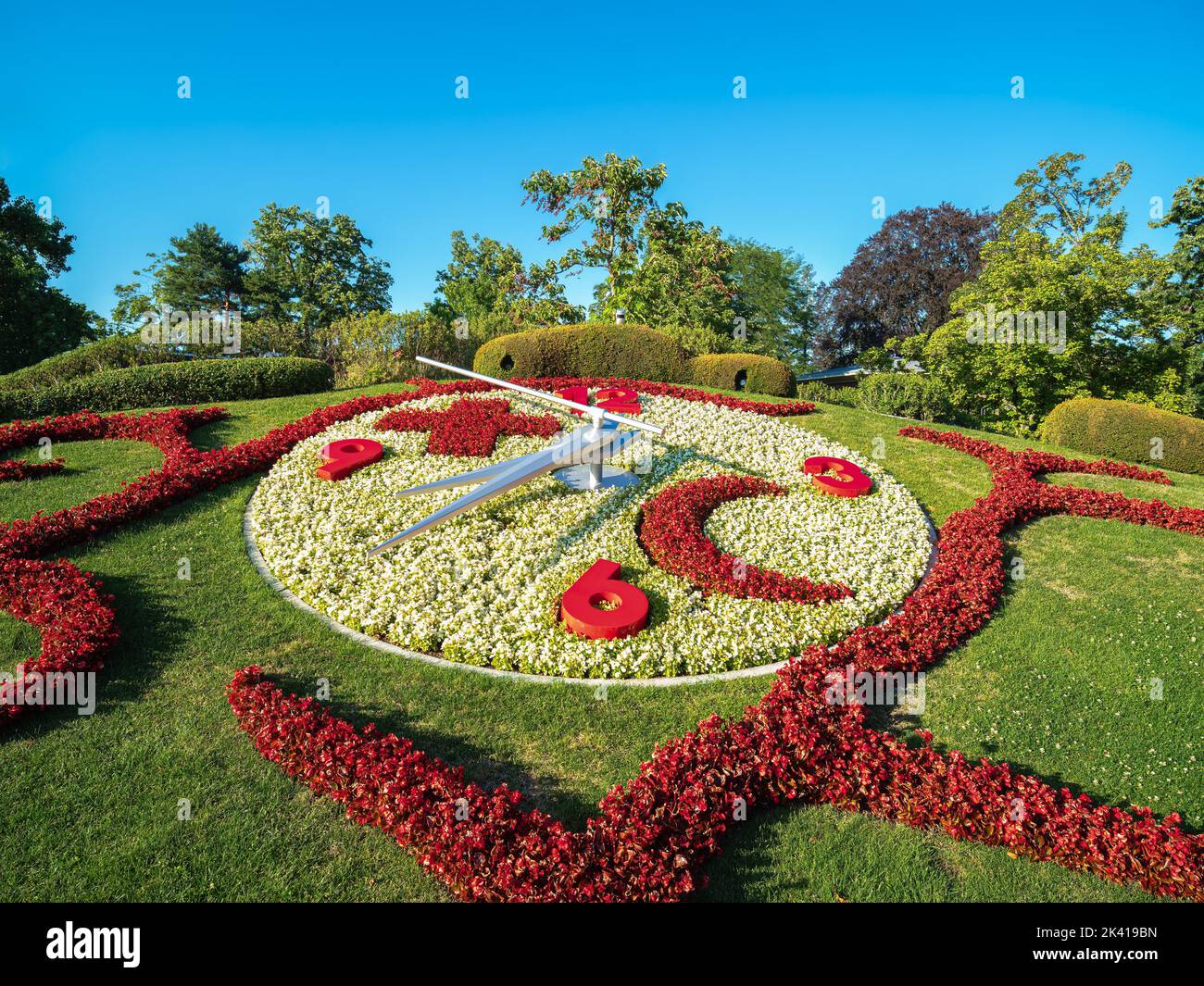 Flower clock in English garden in Geneva, Switzerland. Established in