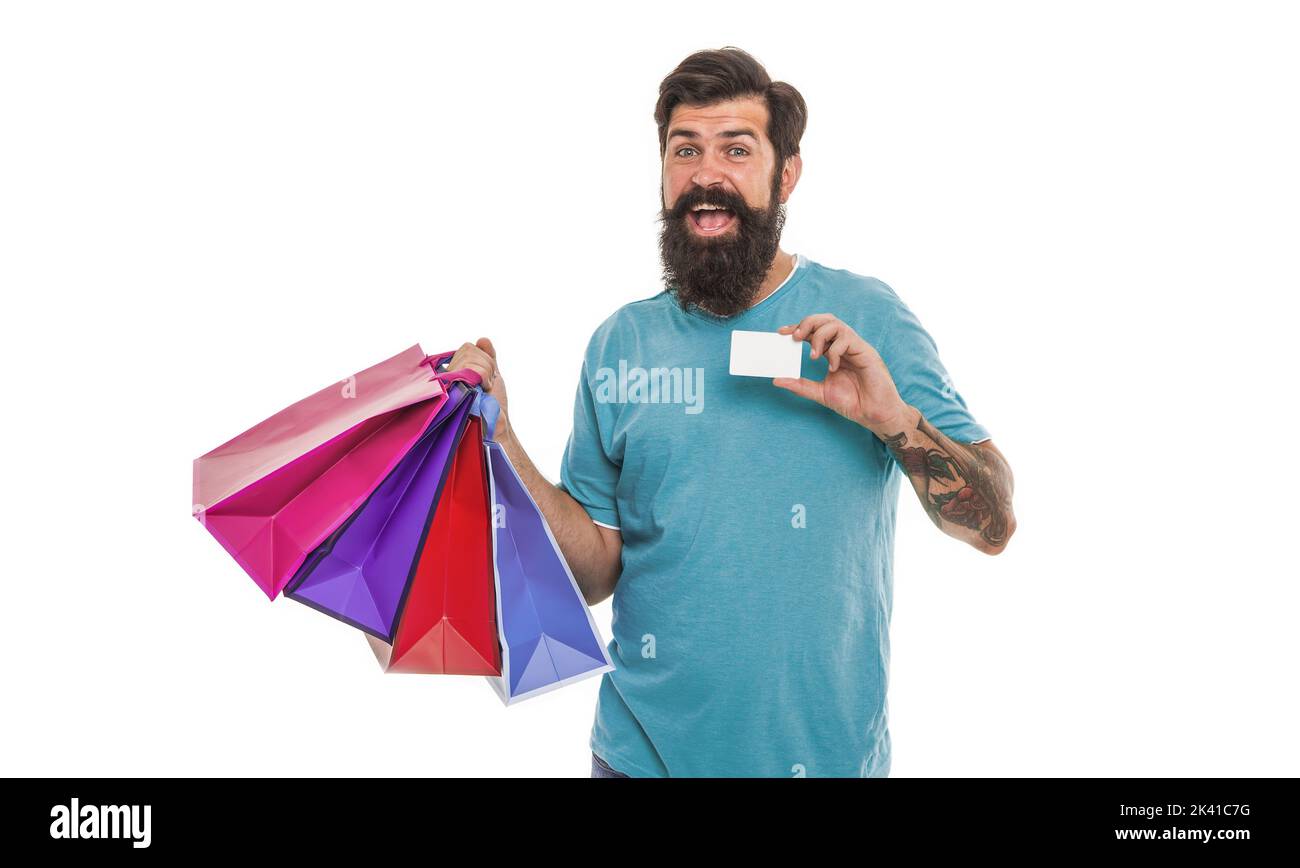 Quality service. ready to pay online. successful shopping. bearded man