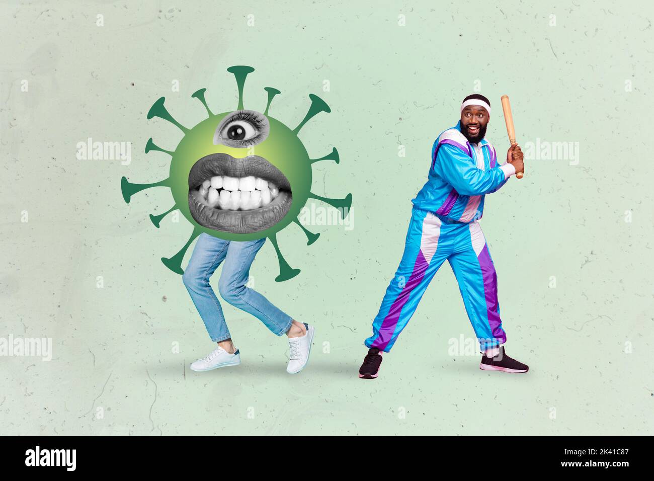 Composite collage picture of sportive guy hands hold baseball bat kick