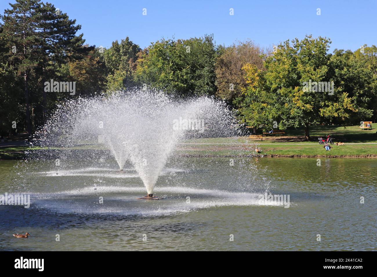 Fountain in the middle of a lake Stock Photo