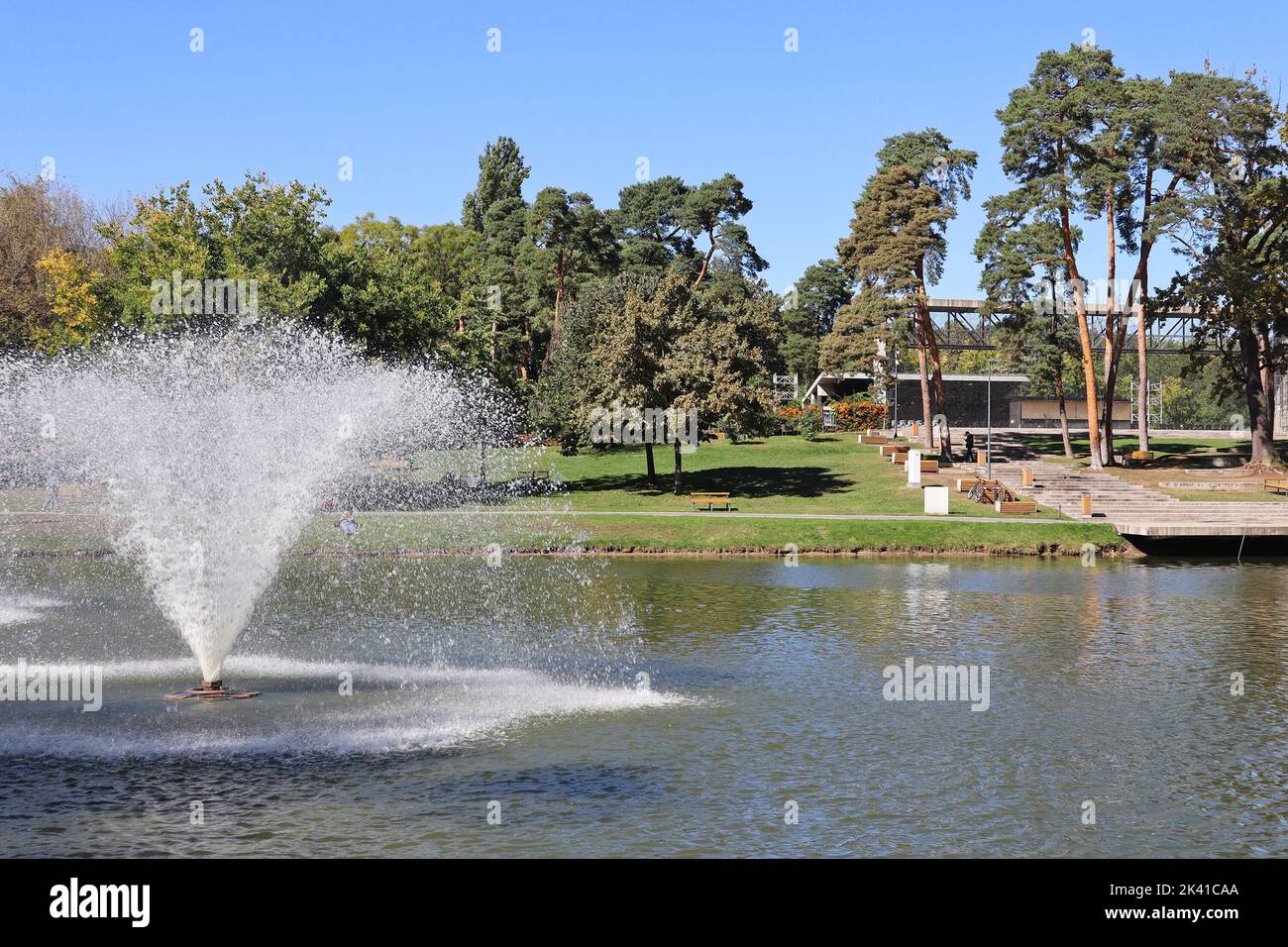 Fountain in the middle of a lake Stock Photo