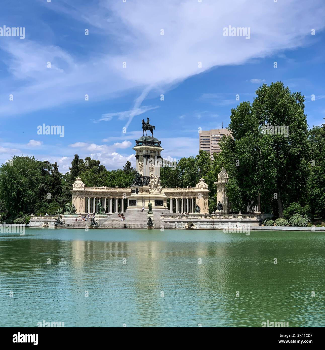 Spain, Madrid. Retiro Park, Parque de El Retiro, King Alfonso XII, Memorial. Stock Photo