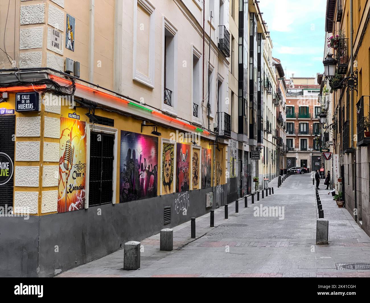 Spain, Madrid. Street Scene, Side Street off Calle de las Huertas. Stock Photo