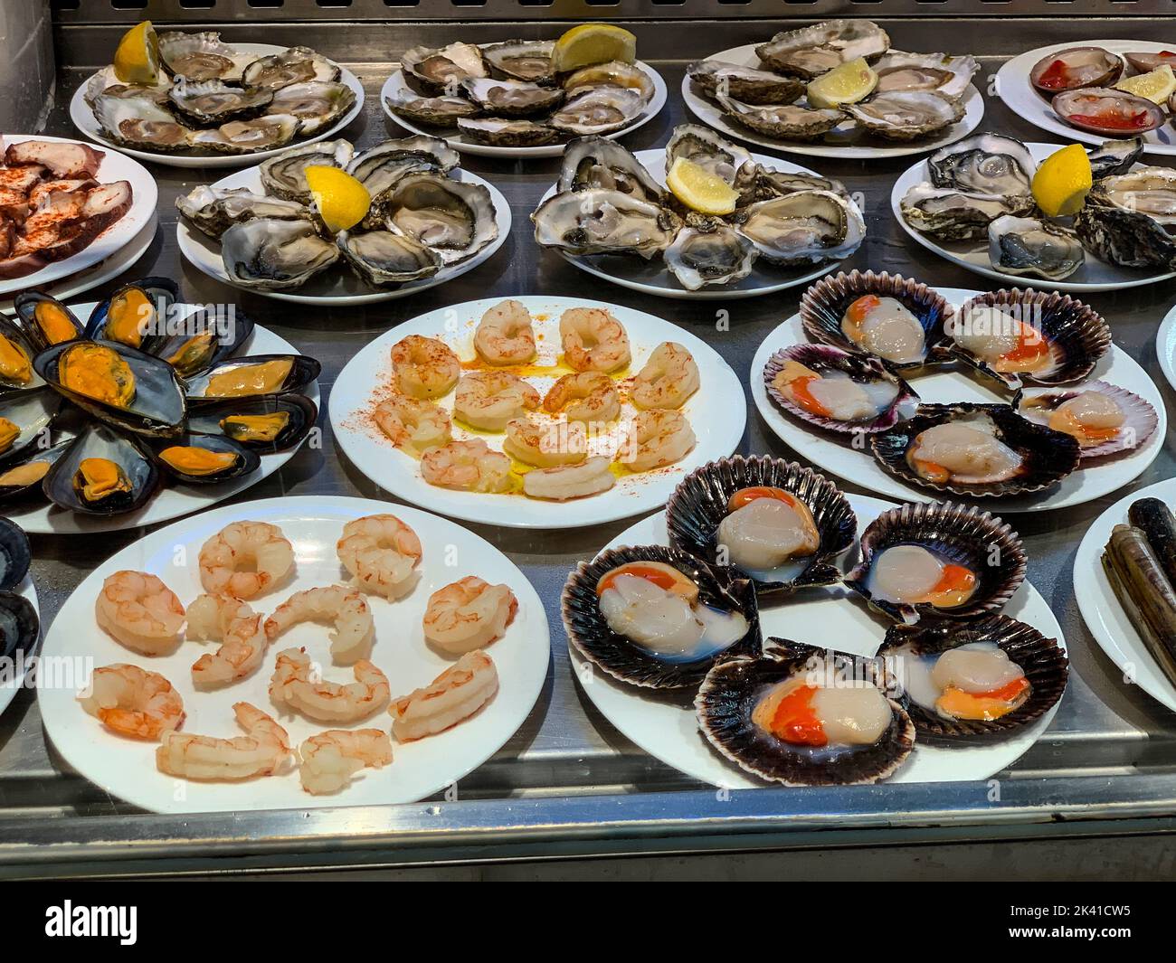 Spain, Madrid. Seafood in the San Miguel Market Shrimp, Oysters