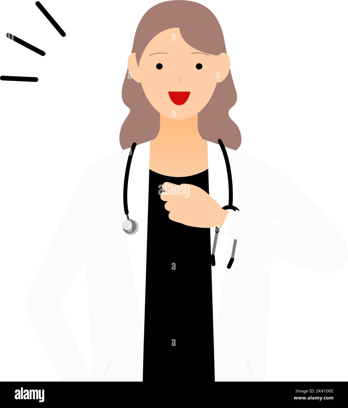 Female doctor in white coat clapping her chest, pose of safety and trust Stock Vector