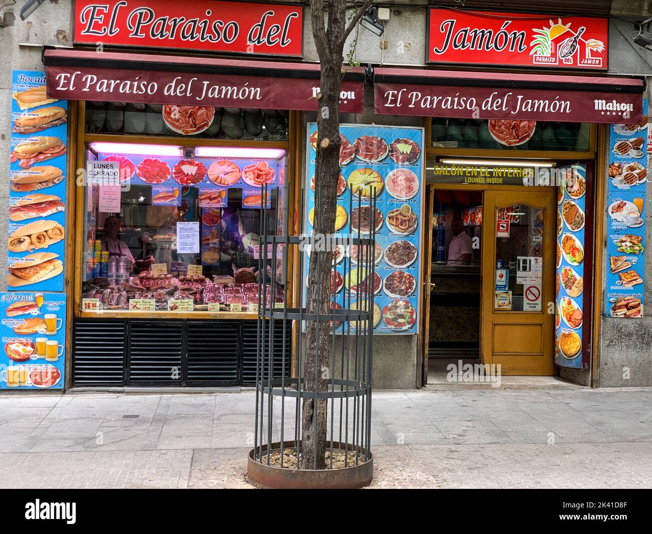 Spain, Madrid. Calle de Arenal Shop Specializing in Spanish Ham. Stock Photo