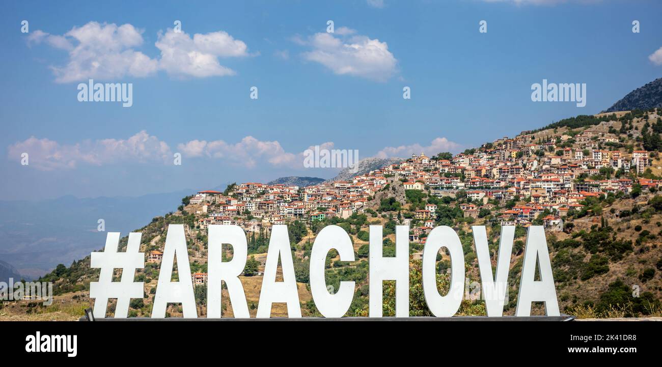 Arachova village at the Parnassos Mountain Greece. Name of the town, white text, travel destination Stock Photo