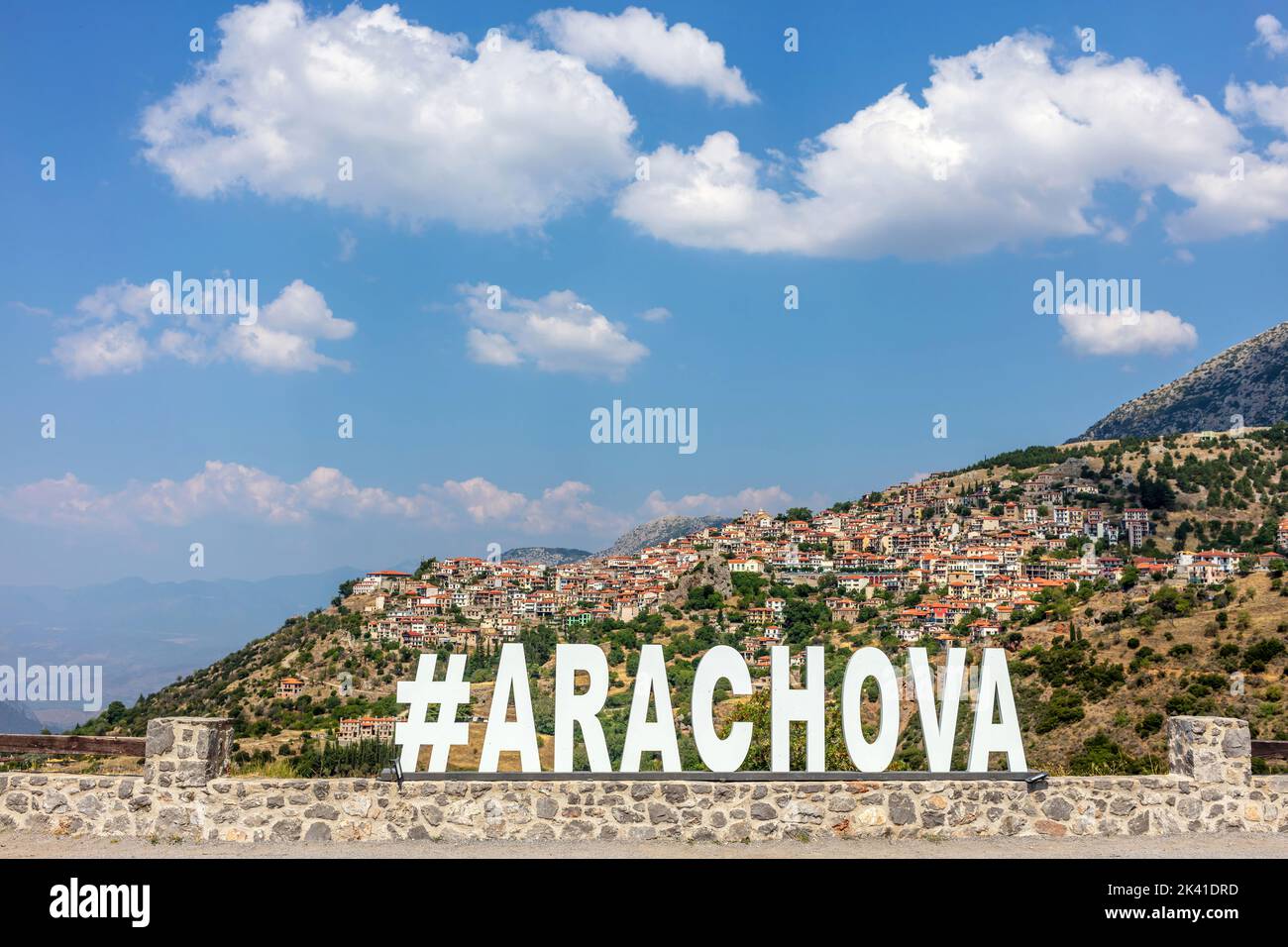 Arachova village at the Parnassos Mountain Greece. Name of the town, white text, travel destination Stock Photo