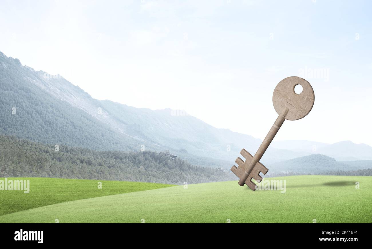 Conceptual background image of concrete key sign and natural landscape Stock Photo