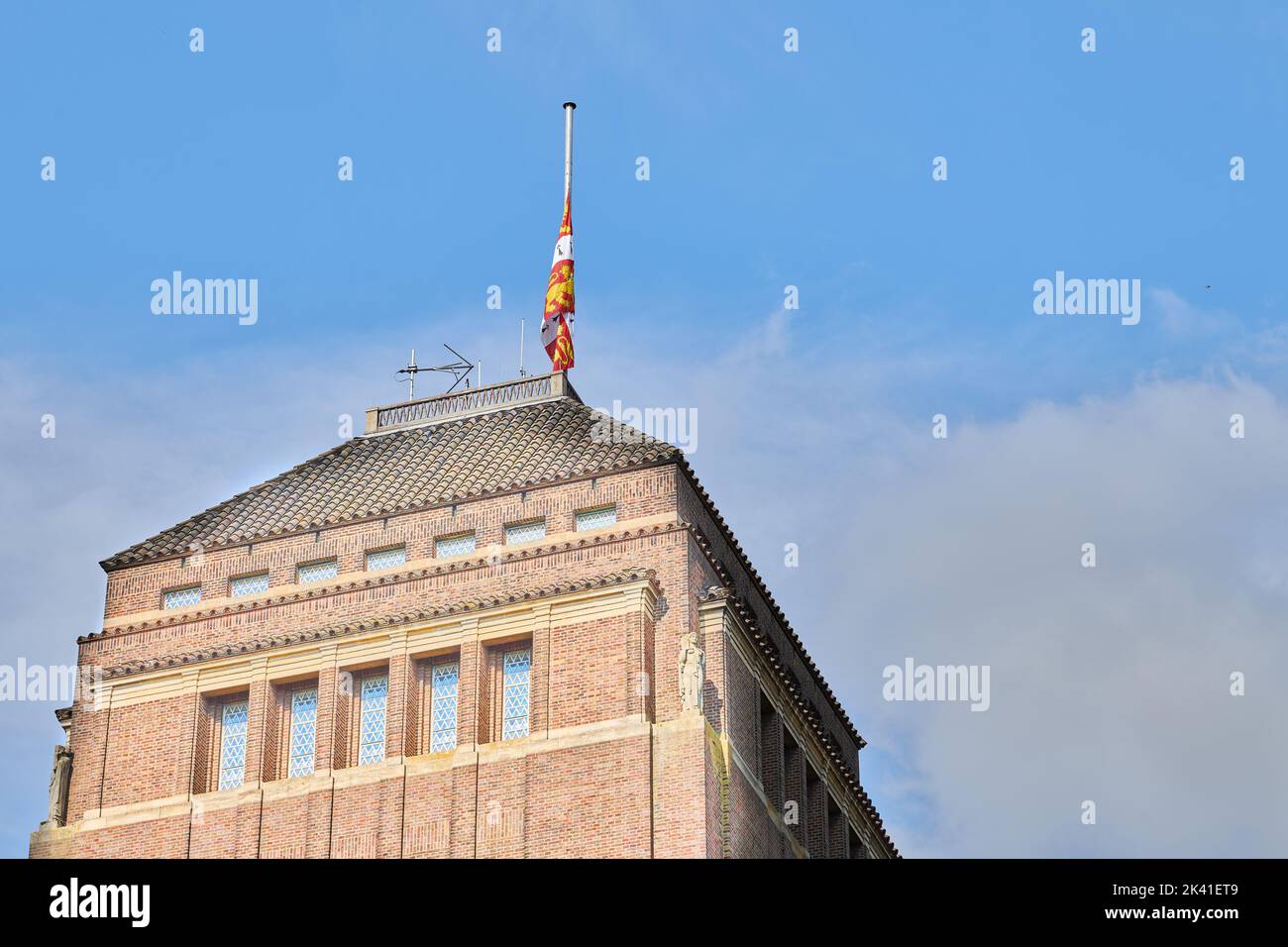 Royal flag at half mast on the library building at Cambridge university