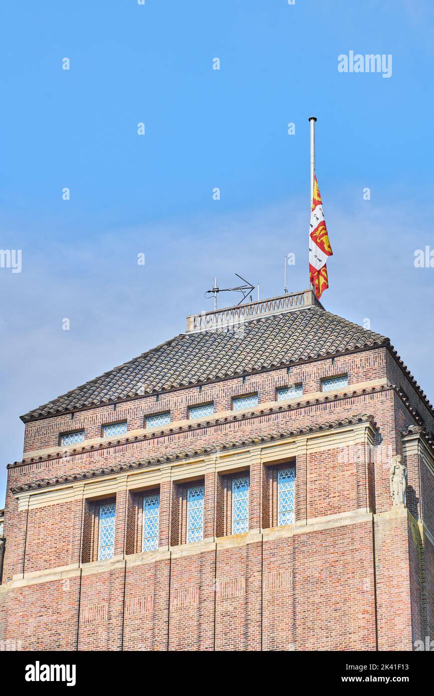 Royal flag at half mast on the library building at Cambridge university