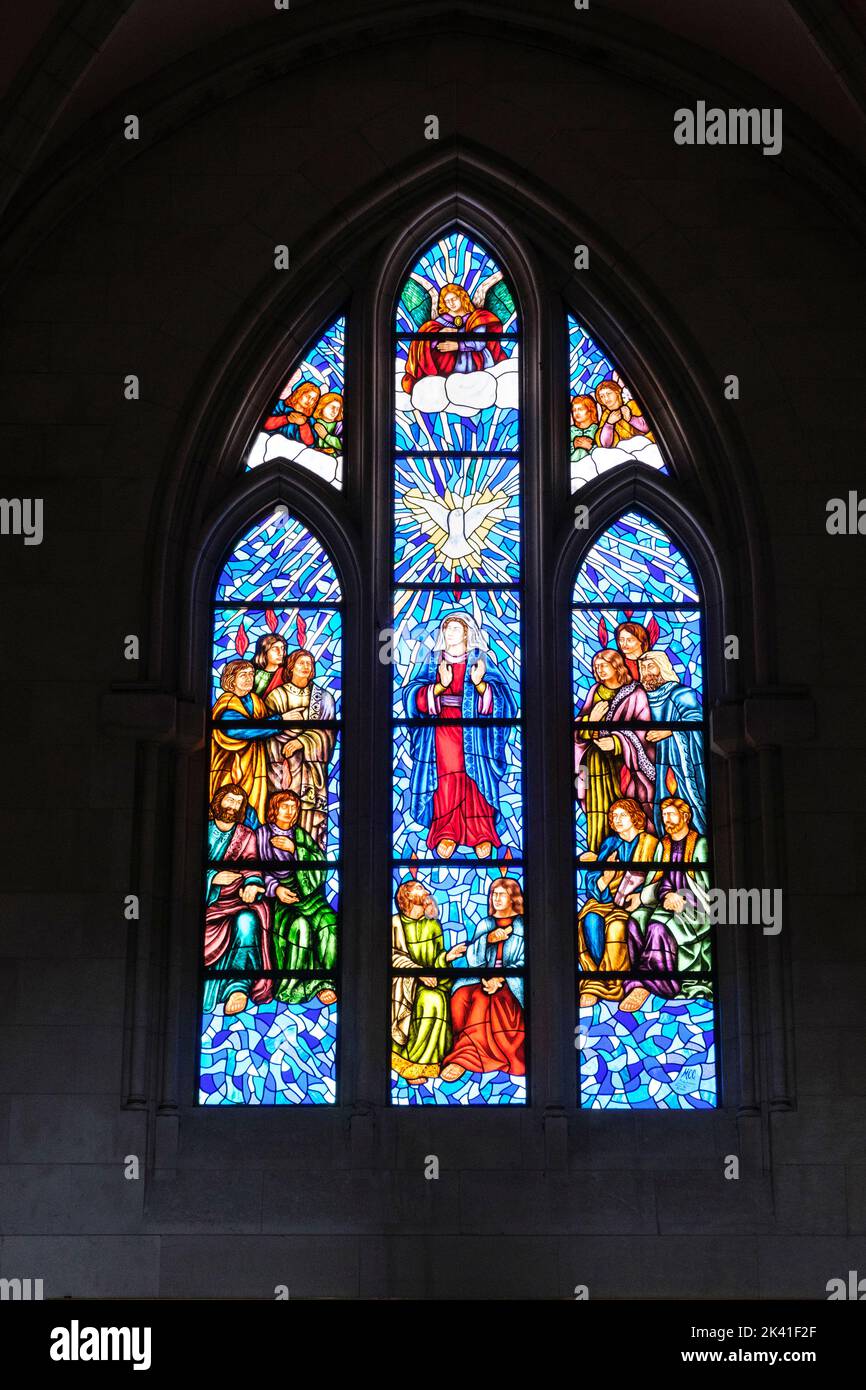 Spain, Madrid. Cathedral of Almudena. Modern Stained-glass Window. Stock Photo