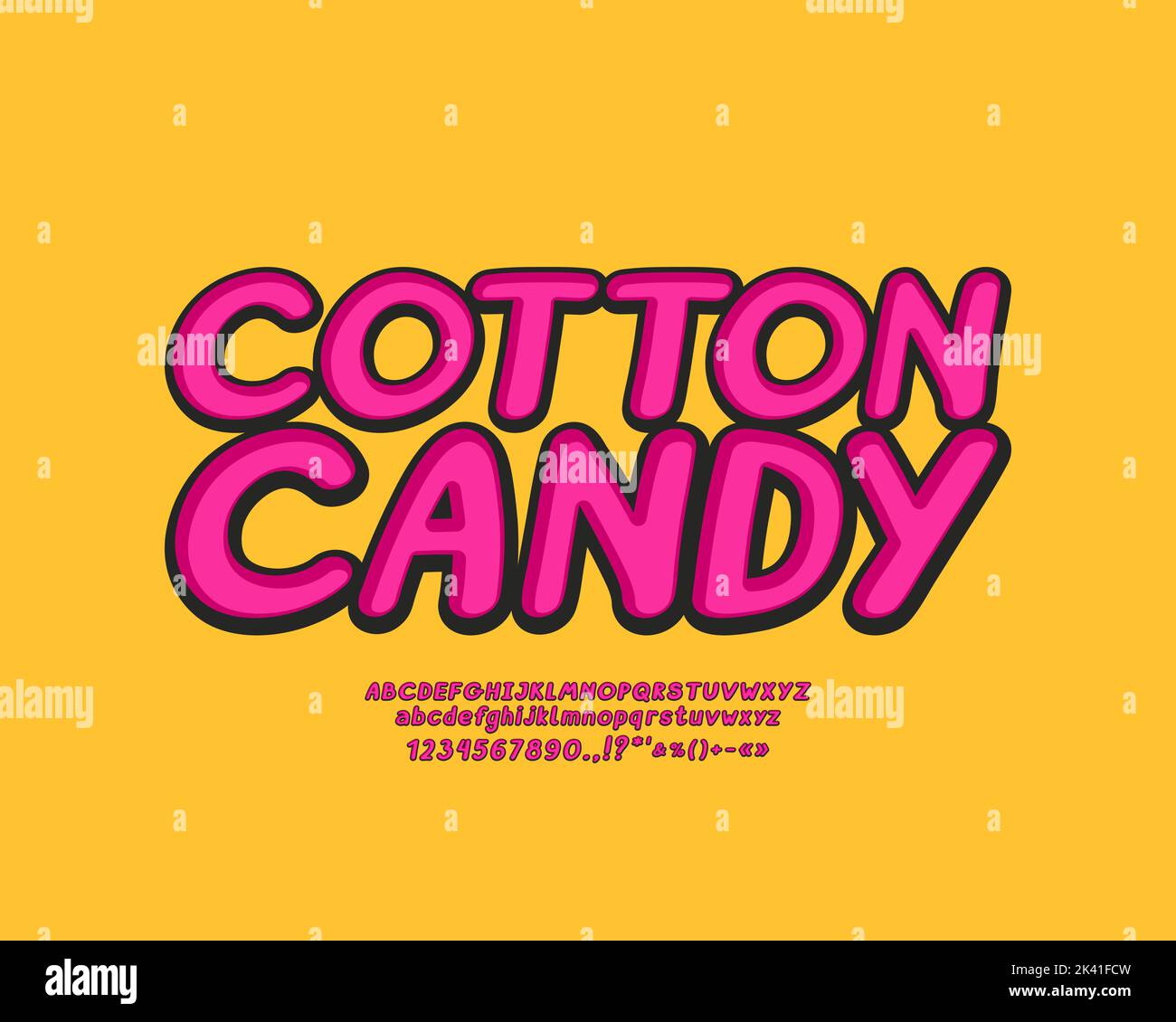 Yellow label Cotton Candy with italic pink alphabet letters and numbers