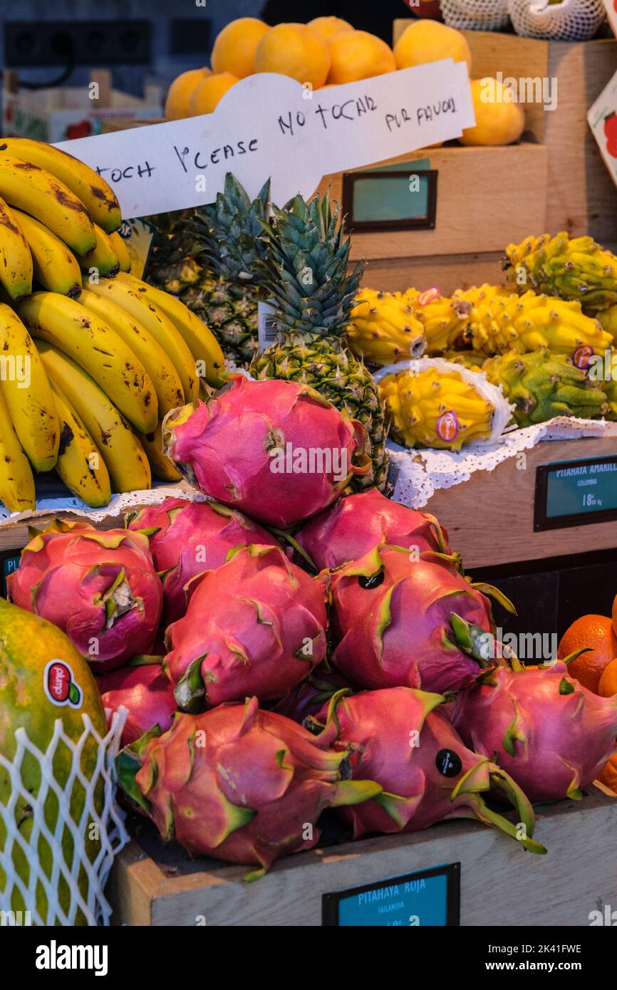Spain, Madrid. Market of San Miguel, Pitahaya , Pitaya, or Dragon Fruit, Red and Yellow. Stock Photo