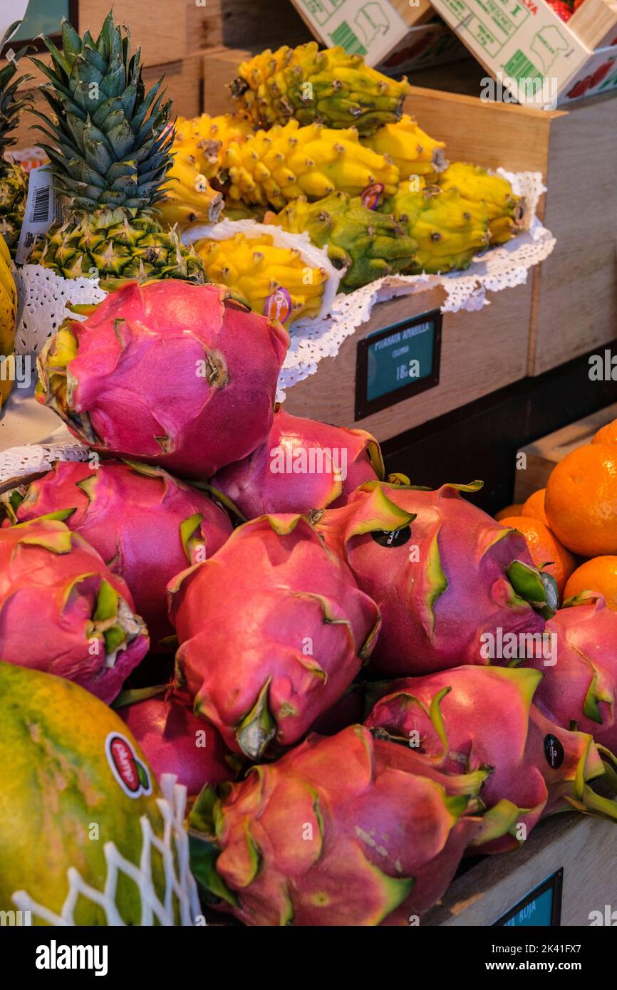 Spain, Madrid. Market of San Miguel, Pitahaya , Pitaya, or Dragon Fruit Stock Photo