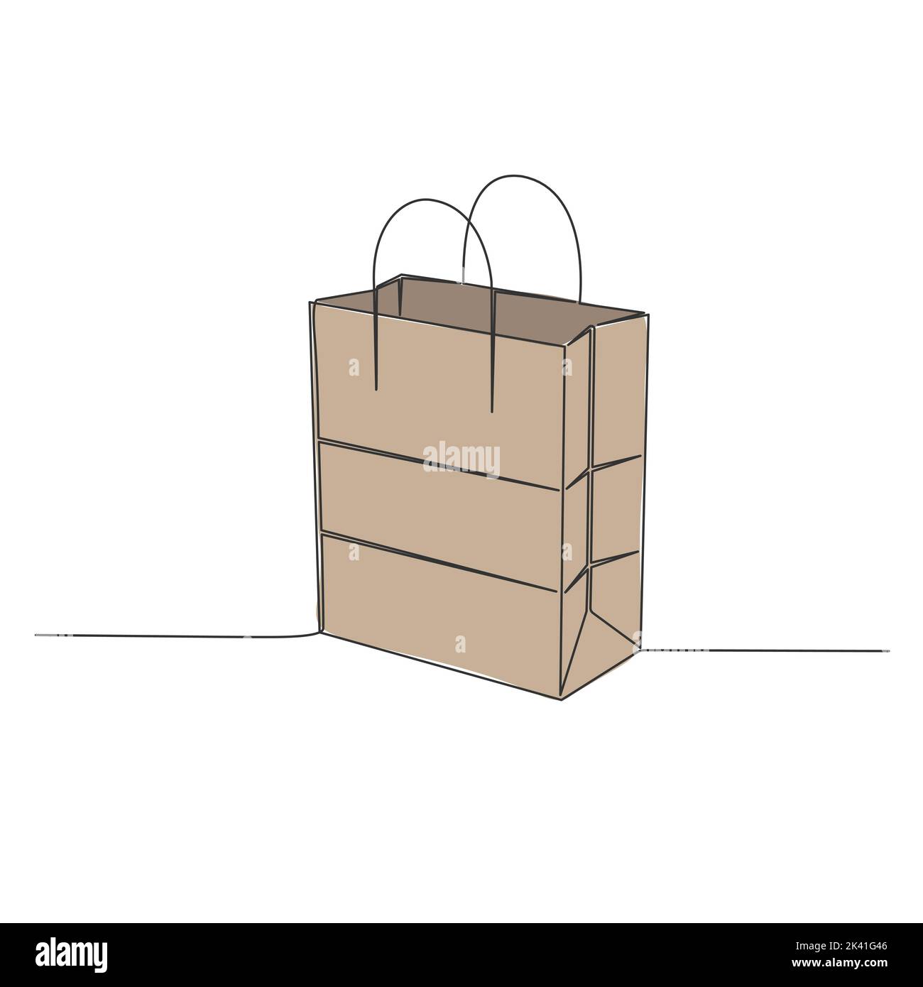 single line drawing of brown paper bag isolated on white background, line art shopping bag vector illustration Stock Vector