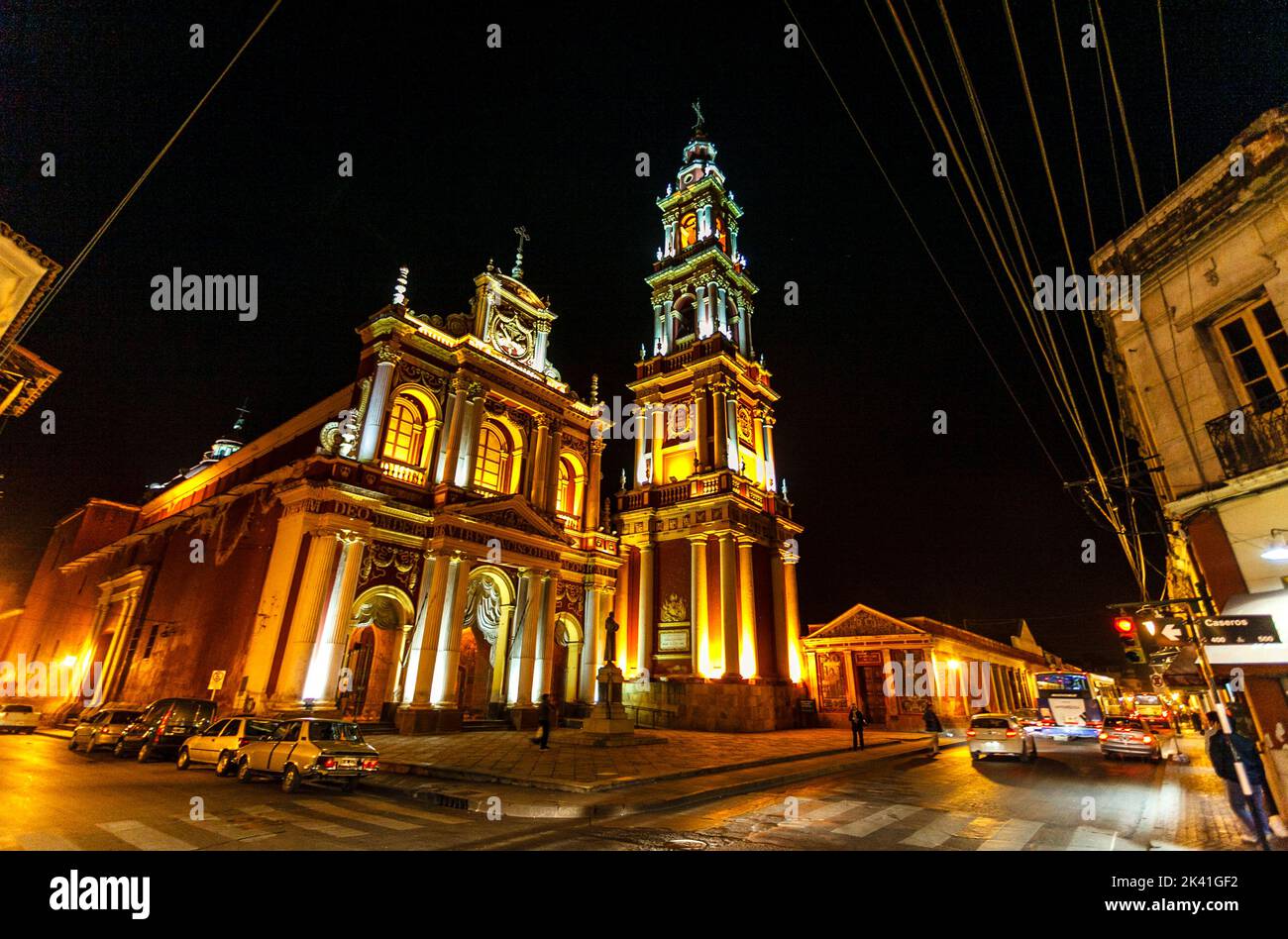 Illuminated exterior of the San Francisco church in Salta by night. Argentina, South America Stock Photo