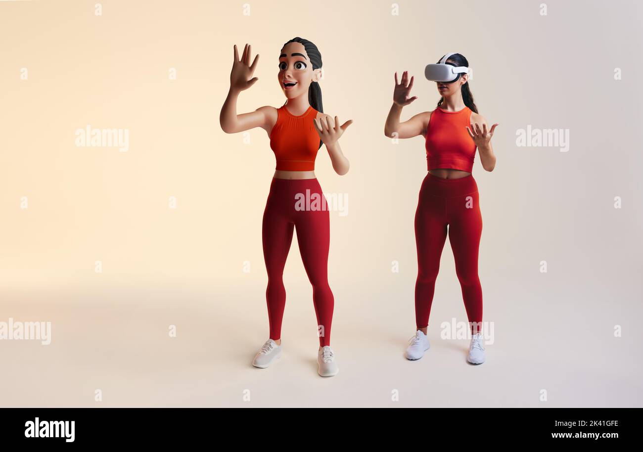 Experiencing the metaverse. Sporty young woman playing virtual reality games as a 3D avatar. Young woman exploring immersive technology while wearing Stock Photo