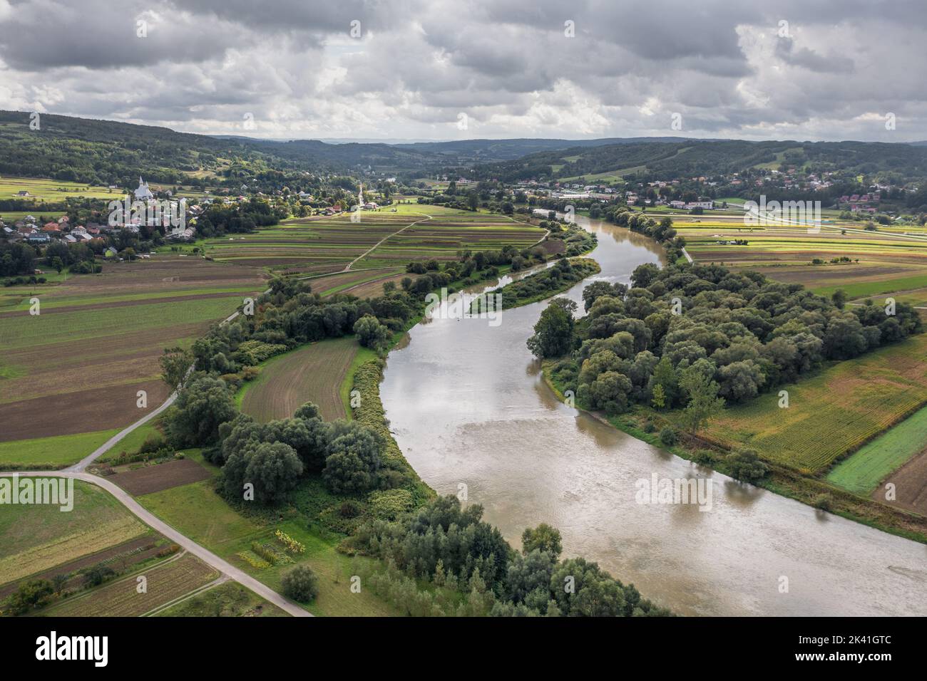 San river near Dynów, view on Dynowskie Przemyskie Hills, Poland aerial view, cloudy day, late summer, September 2022. Stock Photo